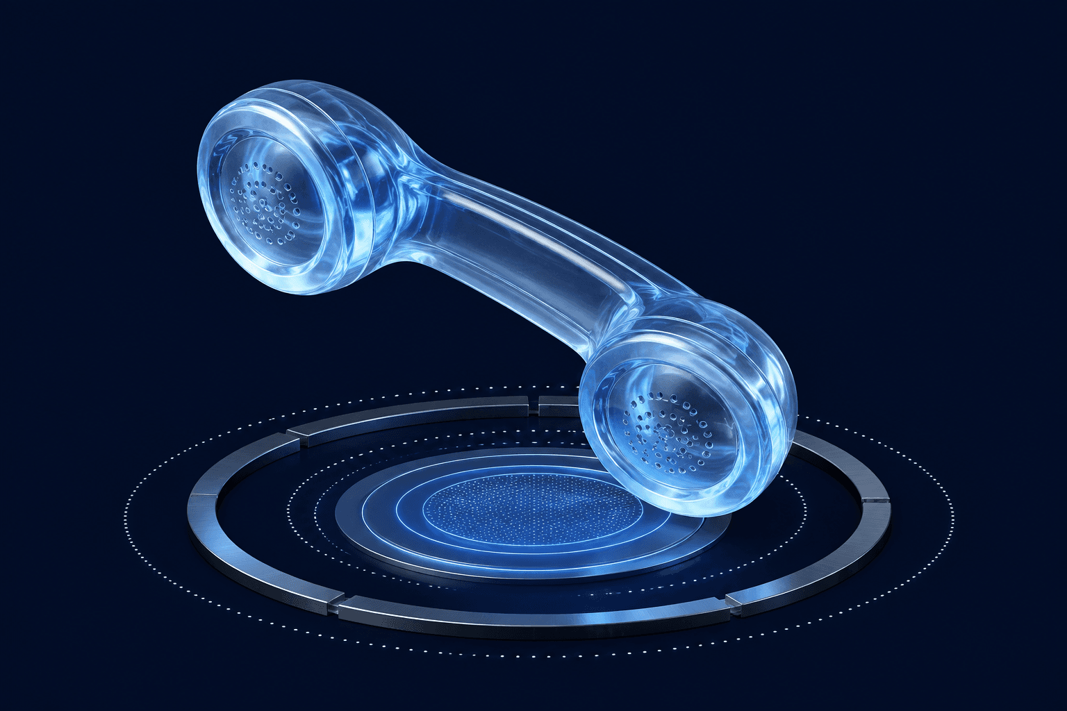 A glass telephone handset suspended above a circular signal platform