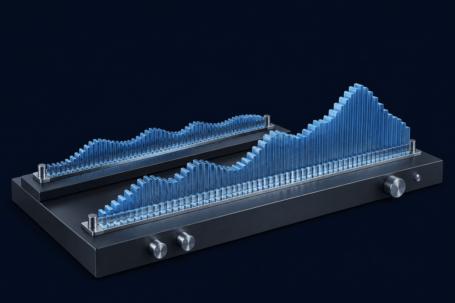 Two sculptural glass sound waves representing a voice before and after conversion
